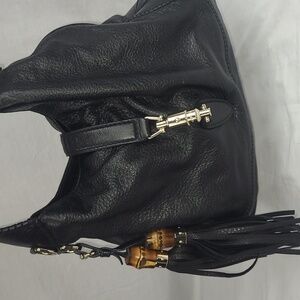 GUCCI Large Jackie Black Leather Hobo bag purse Shoulder straps also fringe